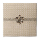 Golden Fleur De Lis met het Cream Damask Pattern Tegeltje (Voorkant)