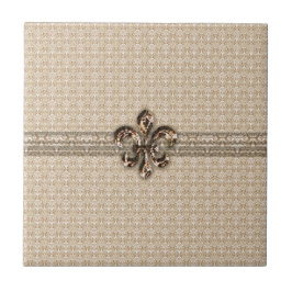 Golden Fleur De Lis met het Cream Damask Pattern Tegeltje