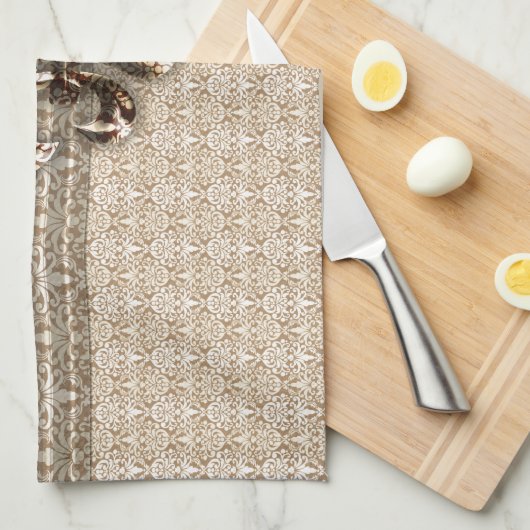 Golden Fleur De Lis met het Cream Damask Pattern Theedoek (Quarter Fold)