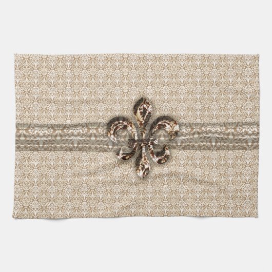 Golden Fleur De Lis met het Cream Damask Pattern Theedoek (Horizontaal)