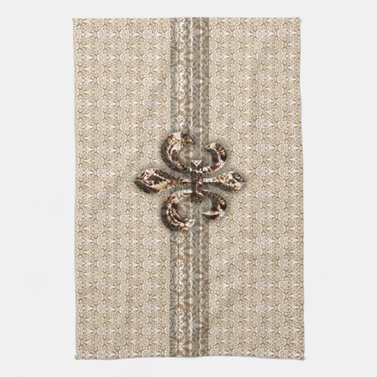 Golden Fleur De Lis met het Cream Damask Pattern Theedoek (Verticaal)