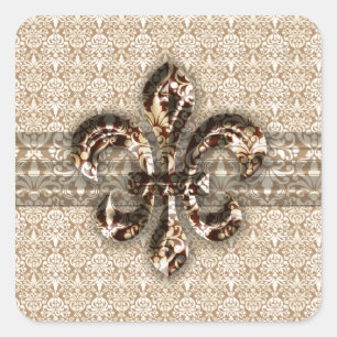 Golden Fleur De Lis met het Cream Damask Pattern Vierkante Sticker