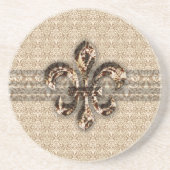 Golden Fleur De Lis met het Cream Damask Pattern Zandsteen Onderzetter (Voorkant)