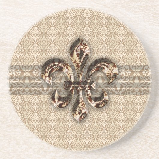 Golden Fleur De Lis met het Cream Damask Pattern Zandsteen Onderzetter (Voorkant)