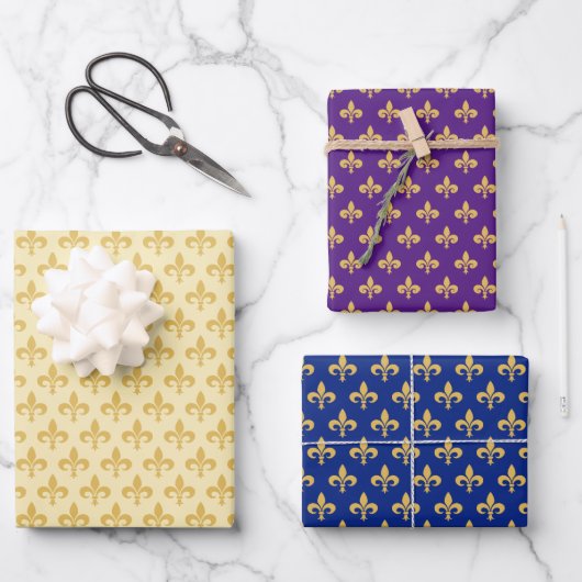 Golden Fleur de Lis op Blue, Golden & Paars Inpakpapier Vel (Voorkant)