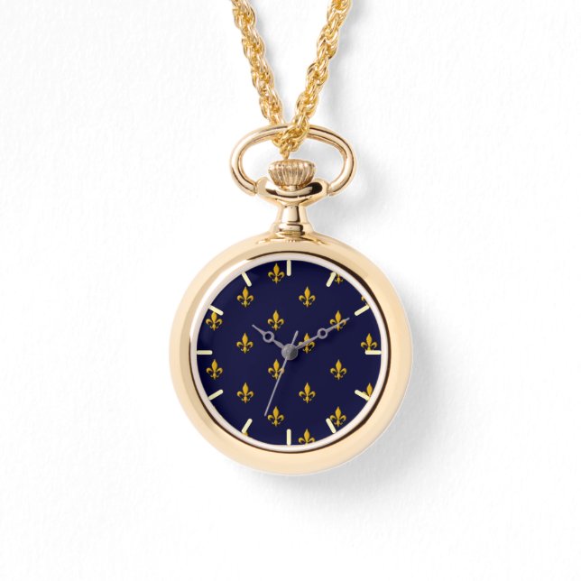 Golden Fleur de Lis op Navy Blue Horloge (Voorkant)