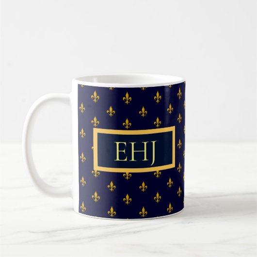 Golden Fleur de Lis op Navy Blue Koffiemok (Links)