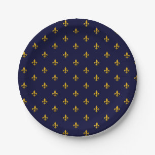 Golden Fleur de Lis op Navy Blue Papieren Bordje
