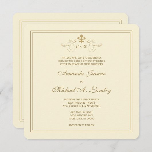 Golden Fleur de Lis Scroll Formal Wedding Kaart (Voorkant / Achterkant)