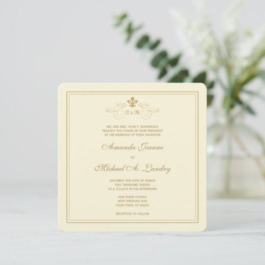 Golden Fleur de Lis Scroll Formal Wedding Kaart (Staand voorkant)