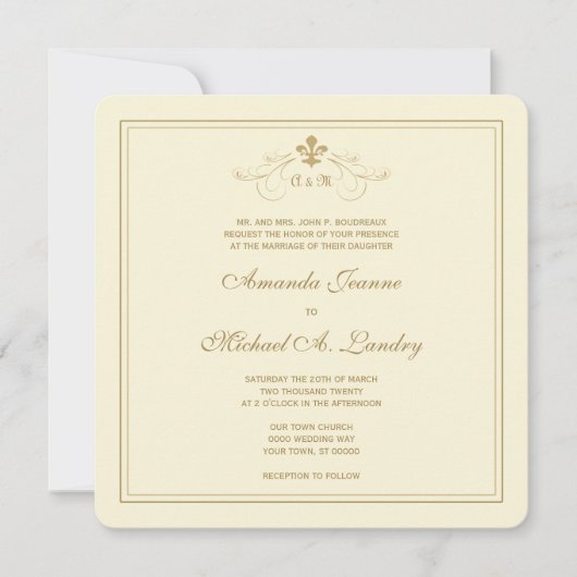 Golden Fleur de Lis Scroll Formal Wedding Kaart (Voorkant)