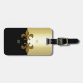 Golden Fleur-de-lis zwarte gouden monogram Bagagelabel (Voorkant horizontaal)
