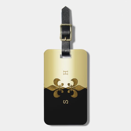 Golden Fleur-de-lis zwarte gouden monogram Bagagelabel (Voorkant verticaal)