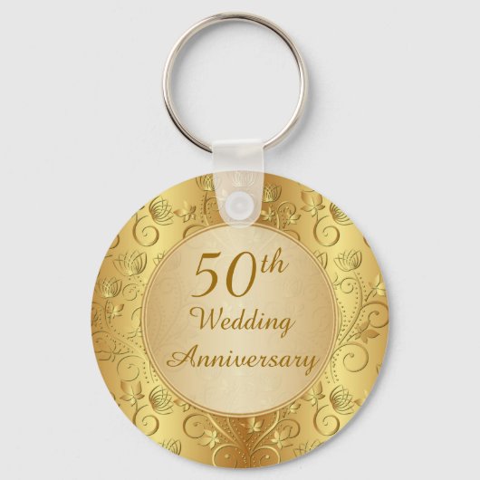 Golden floral 50th Wedding Jubileum Sleutelhanger (Voorkant)