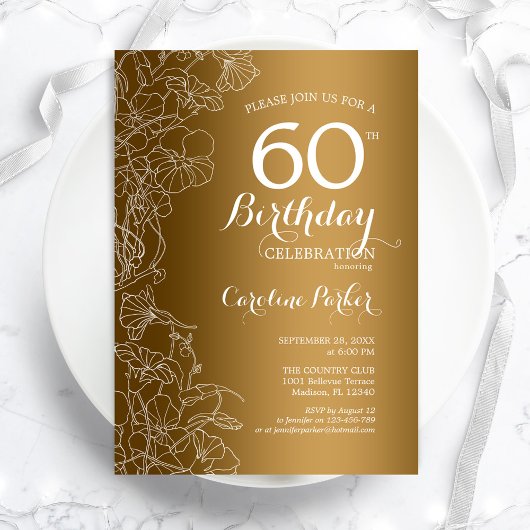 Golden Floral 60th Birthday Party Kaart