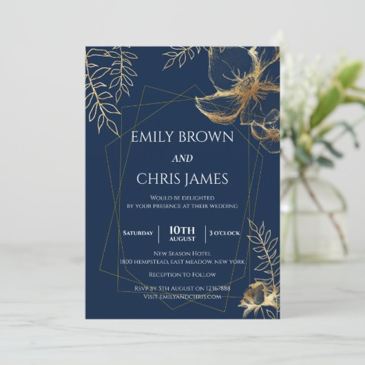 Golden Floral Blooming | Moderne bruiloft-ceremoni Kaart (Staand voorkant)