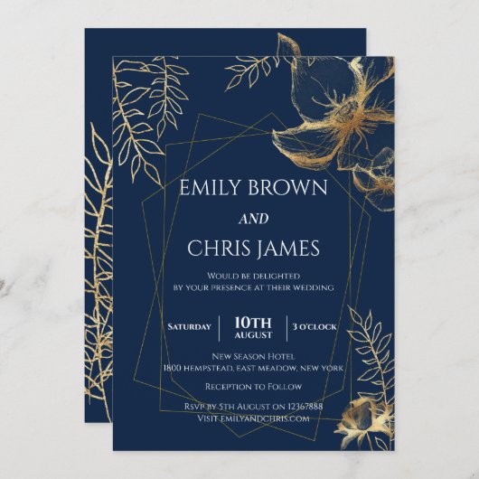 Golden Floral Blooming | Moderne bruiloft-ceremoni Kaart (Voorkant / Achterkant)