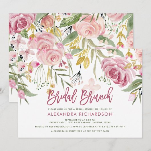 Golden Floral Blush Roze Waterverf Bruids Brunch Kaart (Voorkant / Achterkant)