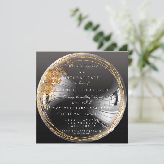 Golden Floral Bubble Birthday Black Ombre Kaart (Staand voorkant)