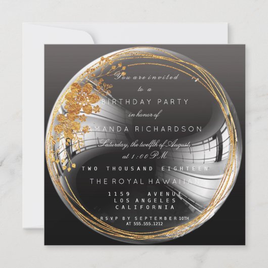 Golden Floral Bubble Birthday Black Ombre Kaart (Voorkant)