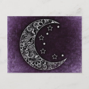 Golden Floral Crescent Moon en Stars op Paars Briefkaart