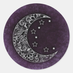Golden Floral Crescent Moon en Stars op Paars Ronde Sticker