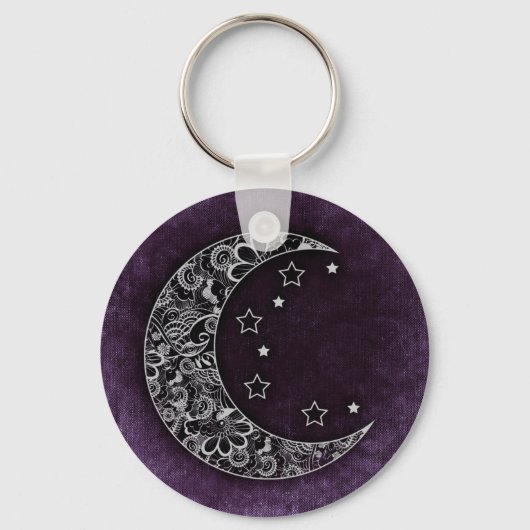 Golden Floral Crescent Moon en Stars op Paars Sleutelhanger (Voorkant)