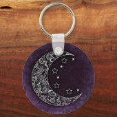 Golden Floral Crescent Moon en Stars op Paars Sleutelhanger (Voorkant)