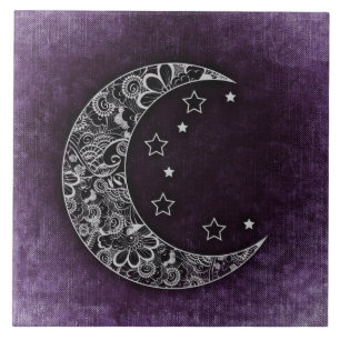 Golden Floral Crescent Moon en Stars op Paars Tegeltje