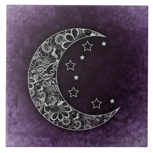 Golden Floral Crescent Moon en Stars op Paars Tegeltje (Voorkant)