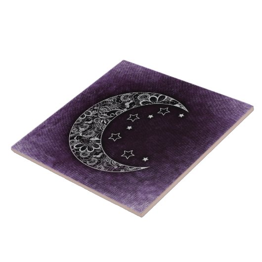 Golden Floral Crescent Moon en Stars op Paars Tegeltje (Zijkant)