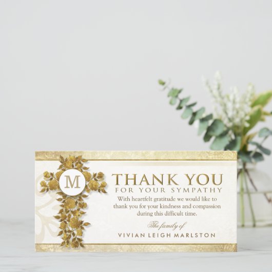 Golden Floral Cross Monogram Dank u voor uw sympat Bedankkaart (Staand voorkant)