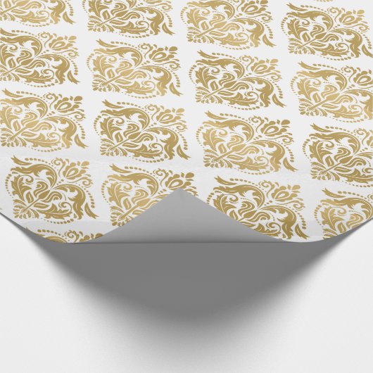Golden Floral Damask Geometric Pattern Cadeaupapier (Hoek)