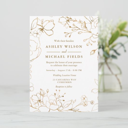 Golden Floral Elegant White Modern Wedding Kaart (Staand voorkant)