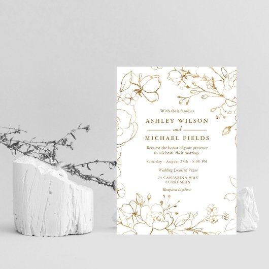 Golden Floral Elegant White Modern Wedding Kaart