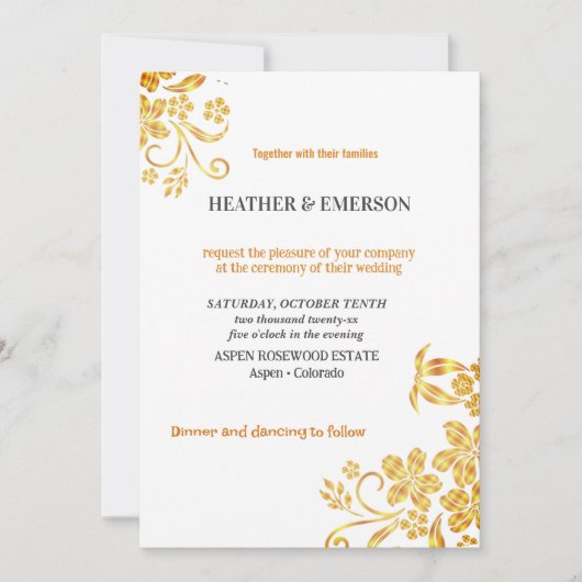 Golden Floral Elegant White Wedding Invitation Kaart (Voorkant)