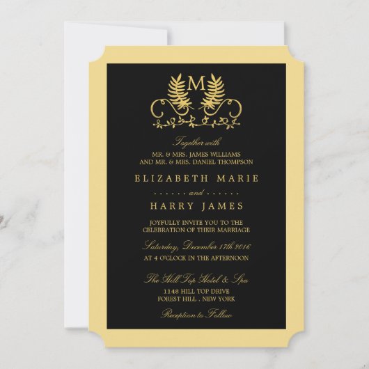 Golden Floral Emblem Wedding Kaart (Voorkant)