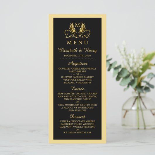 Golden Floral Emblem Wedding Menu (Staand voorkant)