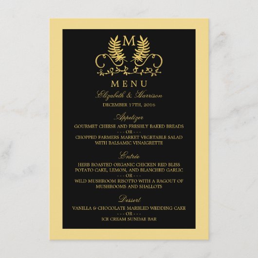 Golden Floral Emblem Wedding Menu (Voorkant)