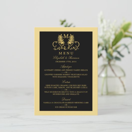 Golden Floral Emblem Wedding Menu (Staand voorkant)