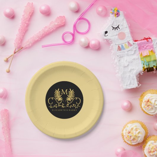 Golden Floral Emblem Wedding Papieren Bordje (Feest)