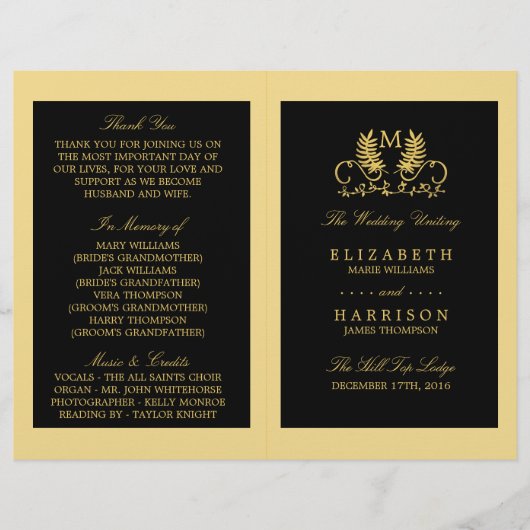 Golden Floral Emblem Wedding Programme (Voorkant)