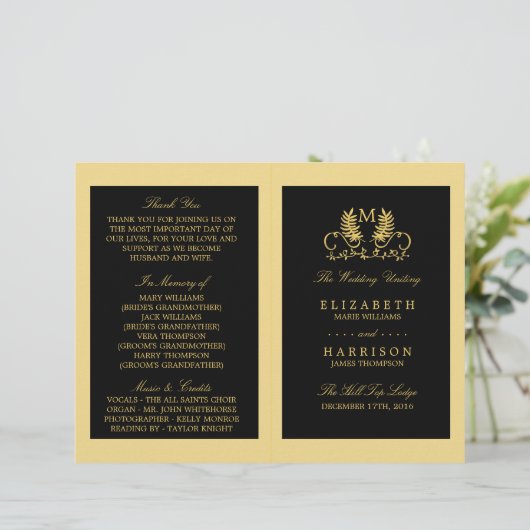 Golden Floral Emblem Wedding Programme (Staand voorkant)
