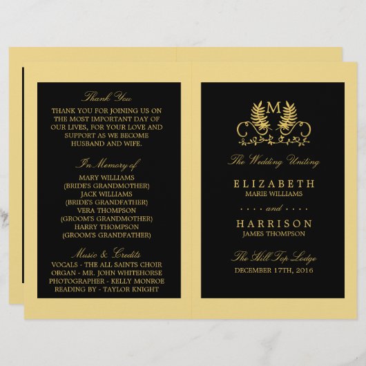 Golden Floral Emblem Wedding Programme (Voorkant / Achterkant)