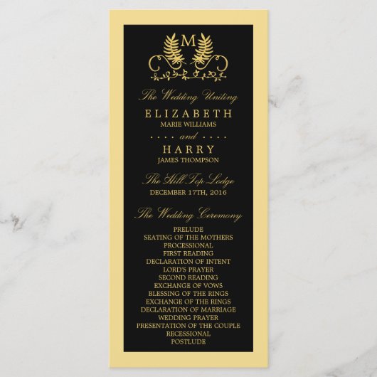 Golden Floral Emblem Wedding Programme Programmakaart (Voorkant)
