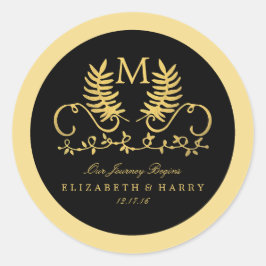 Golden Floral Emblem Wedding Ronde Sticker