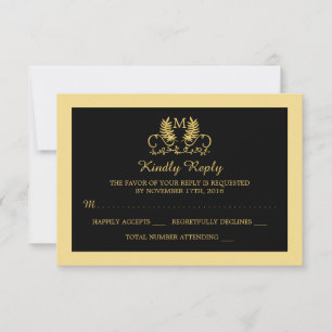 Golden Floral Emblem Wedding RSVP Kaartje
