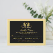 Golden Floral Emblem Wedding RSVP Kaartje (Staand voorkant)