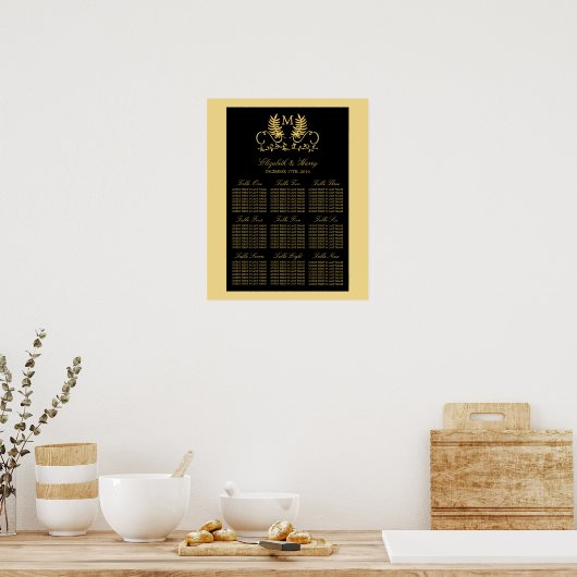 Golden Floral Emblem Wedding Seating Chart Poster (Keuken)