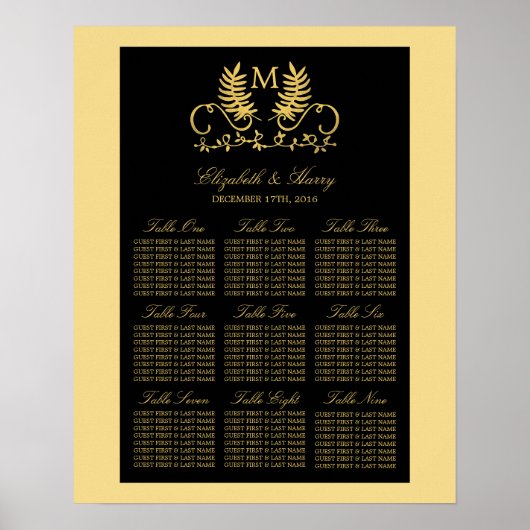Golden Floral Emblem Wedding Seating Chart Poster (Voorkant)